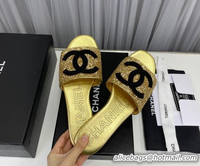 Pretty Style Chanel CC Glitter Flat Slide Sandals Gold/Black 022279