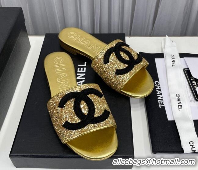 Pretty Style Chanel CC Glitter Flat Slide Sandals Gold/Black 022279