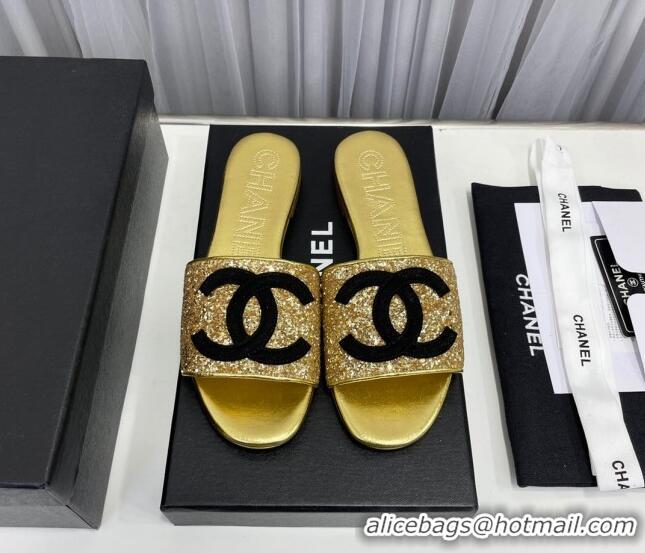 Pretty Style Chanel CC Glitter Flat Slide Sandals Gold/Black 022279