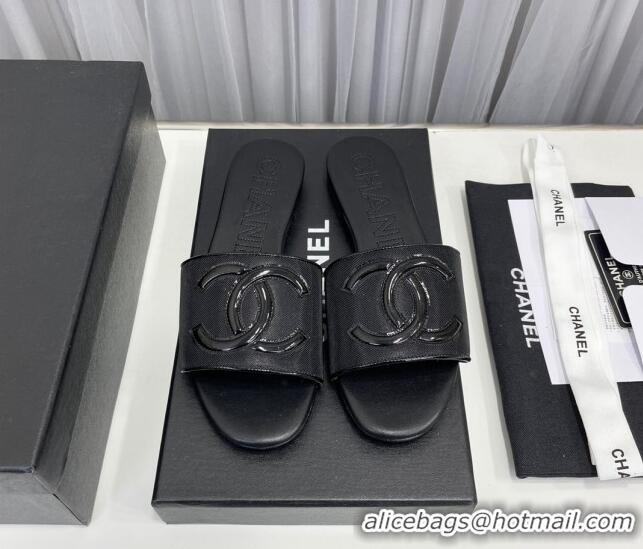 Popular Style Chanel CC Leather Flat Slide Sandals Black 022280