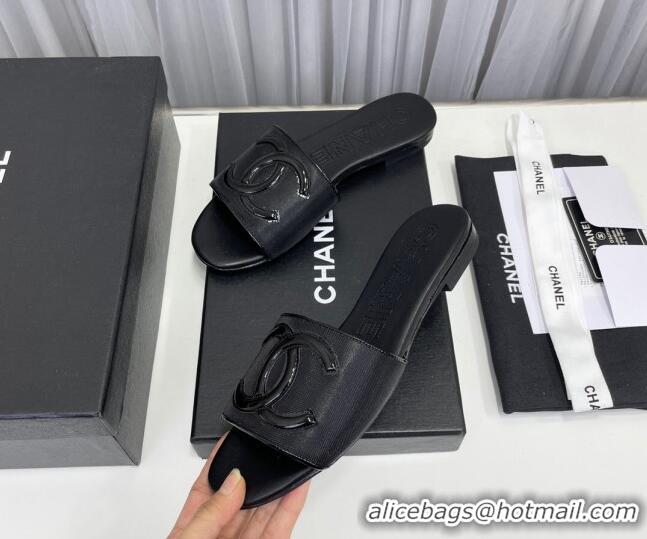 Popular Style Chanel CC Leather Flat Slide Sandals Black 022280