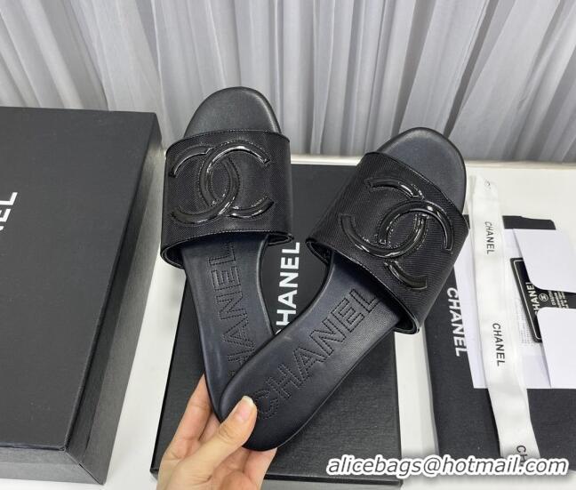 Popular Style Chanel CC Leather Flat Slide Sandals Black 022280