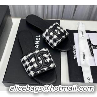 Purchase Chanel CC Tweed Flat Slide Sandals Black/White 022282