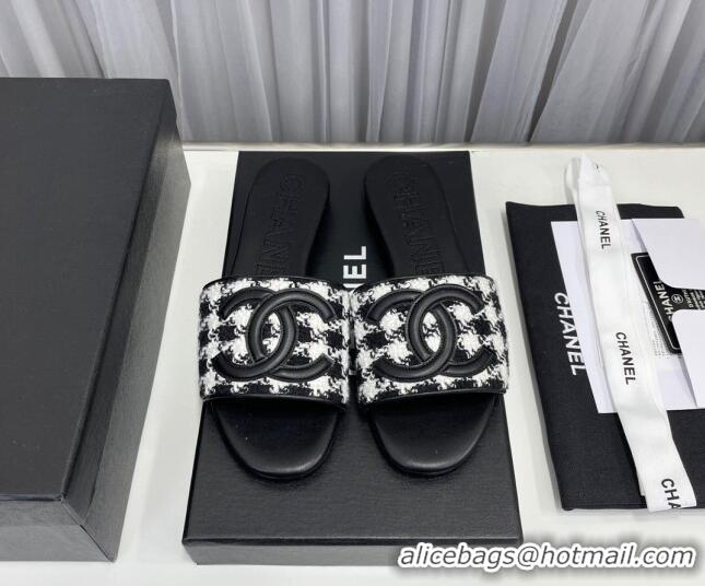 Purchase Chanel CC Tweed Flat Slide Sandals Black/White 022282