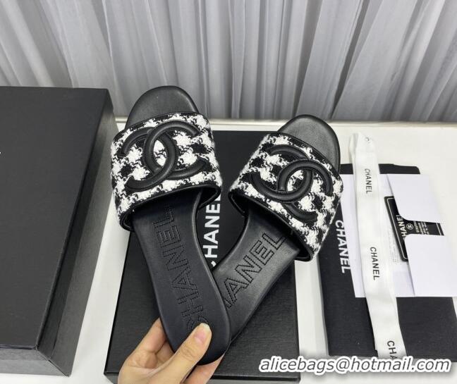 Purchase Chanel CC Tweed Flat Slide Sandals Black/White 022282