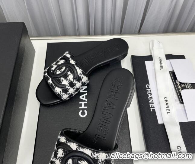 Purchase Chanel CC Tweed Flat Slide Sandals Black/White 022282