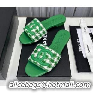 Best Price Chanel CC Flat Slide Sandals Green/White 022283