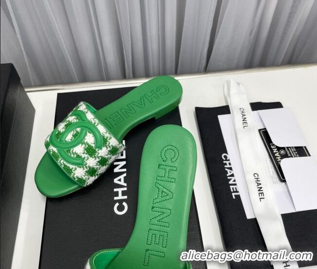 Best Price Chanel CC Flat Slide Sandals Green/White 022283