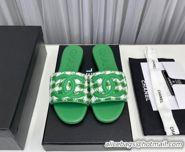 Best Price Chanel CC Flat Slide Sandals Green/White 022283