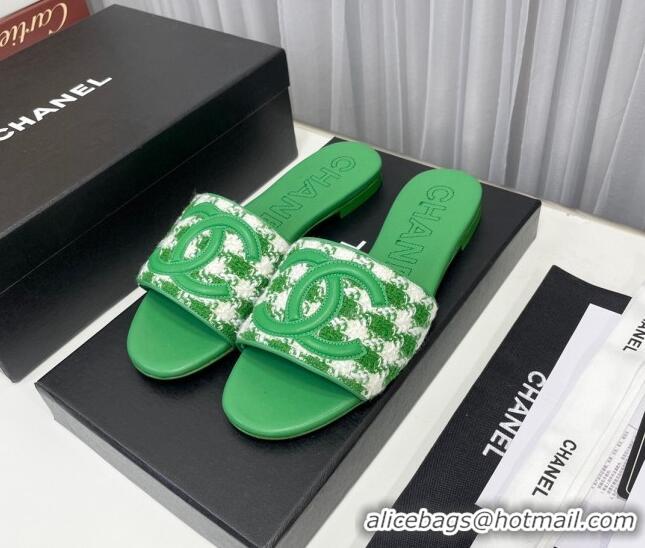 Best Price Chanel CC Flat Slide Sandals Green/White 022283