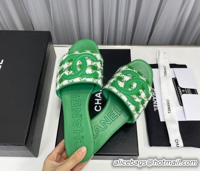 Best Price Chanel CC Flat Slide Sandals Green/White 022283