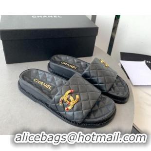 Luxurious Chanel Quilted Leather Flat Slide Sandals with Stone CC Black 022284