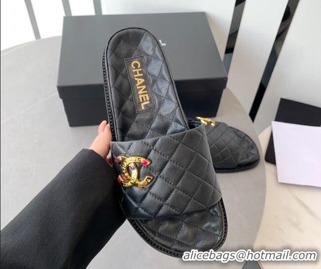 Luxurious Chanel Quilted Leather Flat Slide Sandals with Stone CC Black 022284