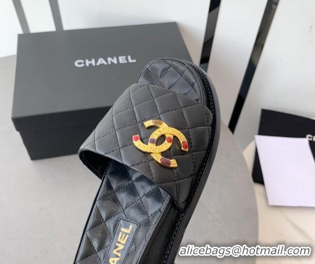 Luxurious Chanel Quilted Leather Flat Slide Sandals with Stone CC Black 022284