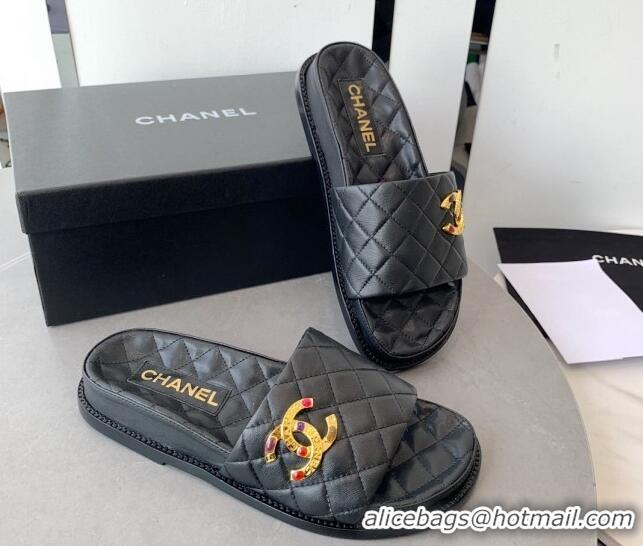 Luxurious Chanel Quilted Leather Flat Slide Sandals with Stone CC Black 022284