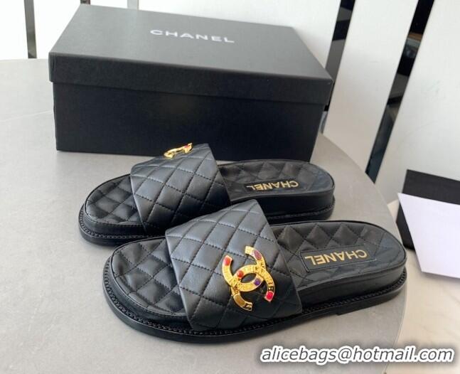 Luxurious Chanel Quilted Leather Flat Slide Sandals with Stone CC Black 022284