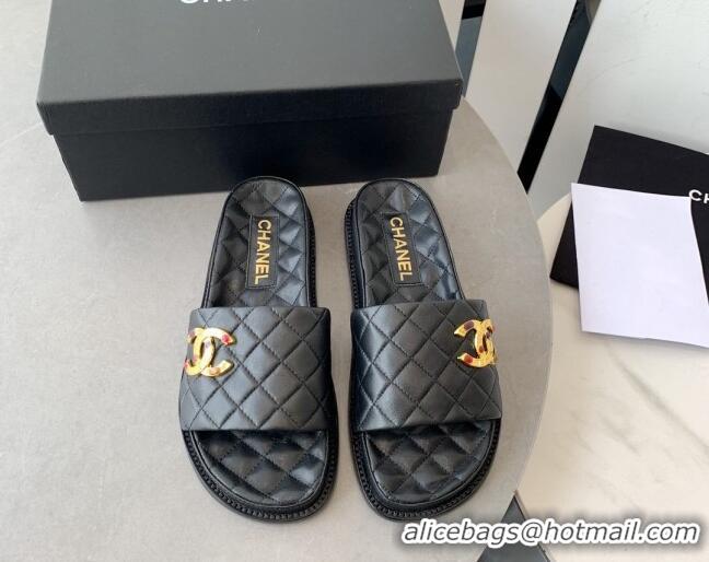 Luxurious Chanel Quilted Leather Flat Slide Sandals with Stone CC Black 022284