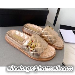 Low Price Chanel Quilted Leather Flat Slide Sandals with Stone CC Gold 022285