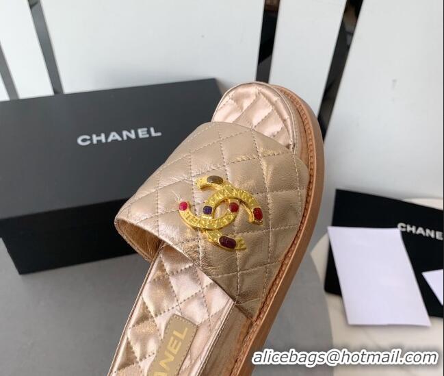 Low Price Chanel Quilted Leather Flat Slide Sandals with Stone CC Gold 022285