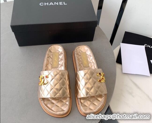 Low Price Chanel Quilted Leather Flat Slide Sandals with Stone CC Gold 022285