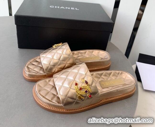 Low Price Chanel Quilted Leather Flat Slide Sandals with Stone CC Gold 022285