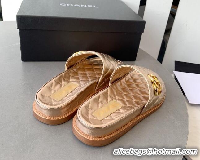 Low Price Chanel Quilted Leather Flat Slide Sandals with Stone CC Gold 022285