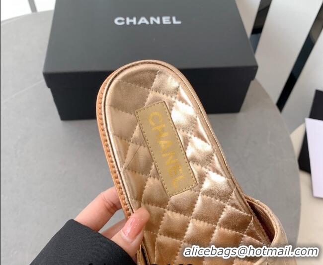 Low Price Chanel Quilted Leather Flat Slide Sandals with Stone CC Gold 022285