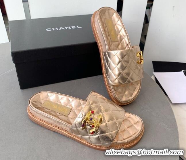 Low Price Chanel Quilted Leather Flat Slide Sandals with Stone CC Gold 022285