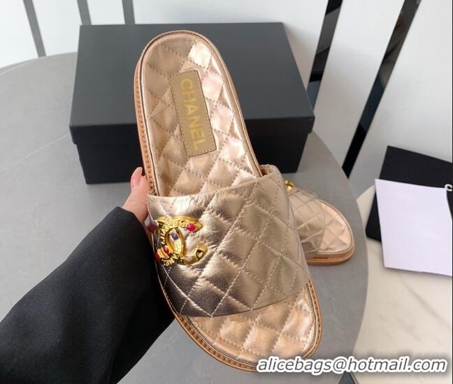 Low Price Chanel Quilted Leather Flat Slide Sandals with Stone CC Gold 022285