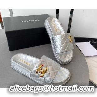 Hot Style Chanel Quilted Leather Flat Slide Sandals with Stone CC Silver 022286