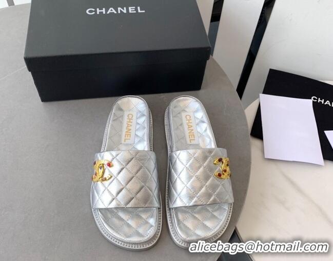 Hot Style Chanel Quilted Leather Flat Slide Sandals with Stone CC Silver 022286