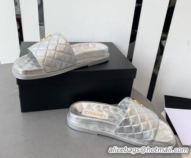 Hot Style Chanel Quilted Leather Flat Slide Sandals with Stone CC Silver 022286