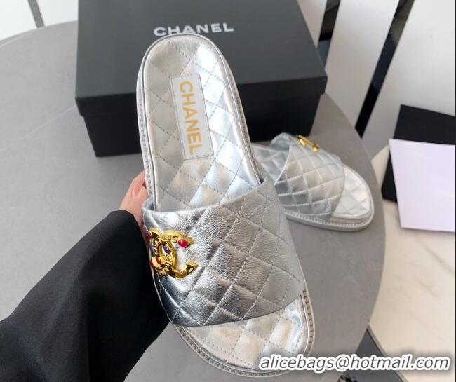 Hot Style Chanel Quilted Leather Flat Slide Sandals with Stone CC Silver 022286