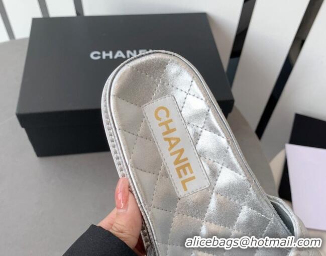 Hot Style Chanel Quilted Leather Flat Slide Sandals with Stone CC Silver 022286