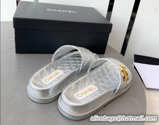 Hot Style Chanel Quilted Leather Flat Slide Sandals with Stone CC Silver 022286