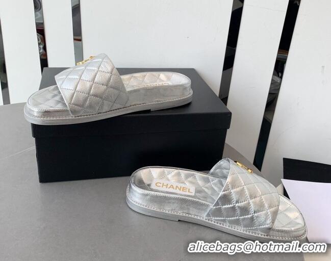 Hot Style Chanel Quilted Leather Flat Slide Sandals with Stone CC Silver 022286