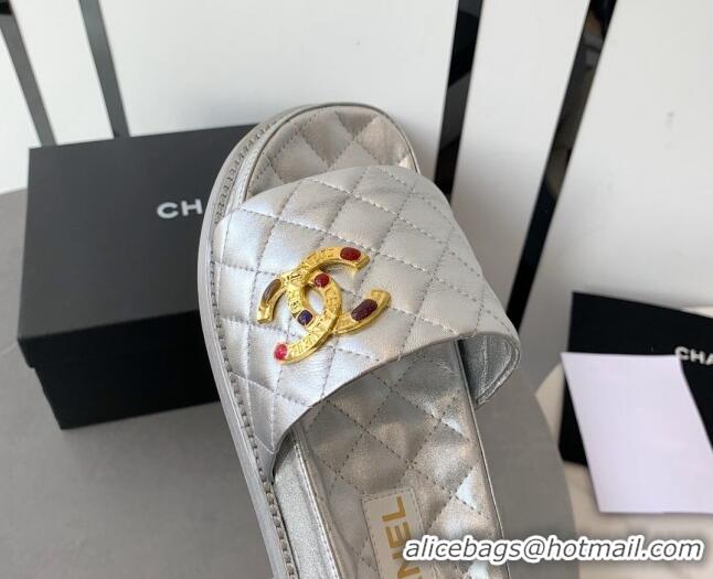 Hot Style Chanel Quilted Leather Flat Slide Sandals with Stone CC Silver 022286