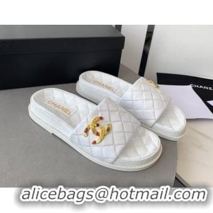 Luxury Chanel Quilted Leather Flat Slide Sandals with Stone CC White 022287