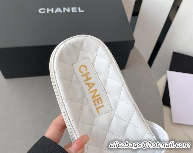 Luxury Chanel Quilted Leather Flat Slide Sandals with Stone CC White 022287