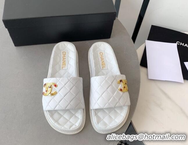 Luxury Chanel Quilted Leather Flat Slide Sandals with Stone CC White 022287