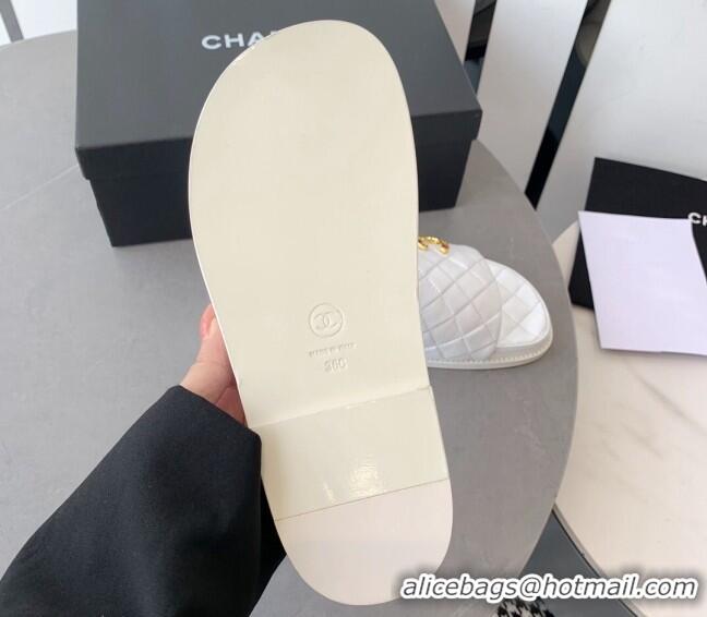 Luxury Chanel Quilted Leather Flat Slide Sandals with Stone CC White 022287