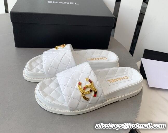 Luxury Chanel Quilted Leather Flat Slide Sandals with Stone CC White 022287