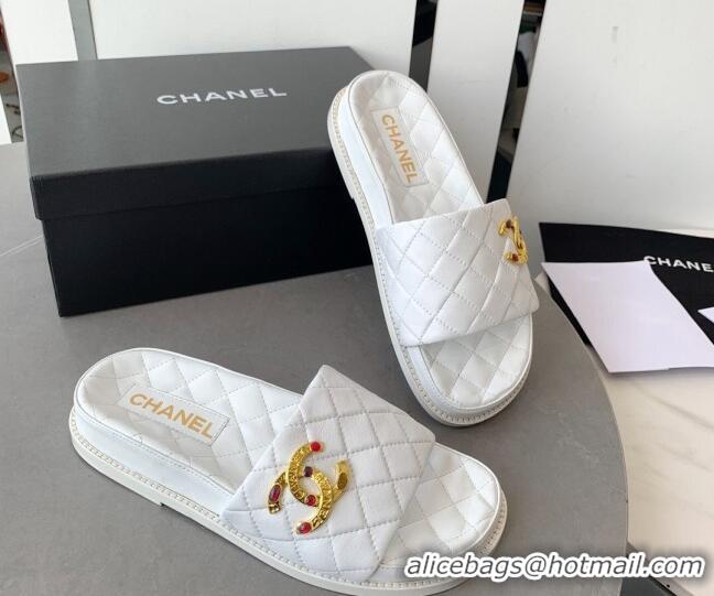 Luxury Chanel Quilted Leather Flat Slide Sandals with Stone CC White 022287