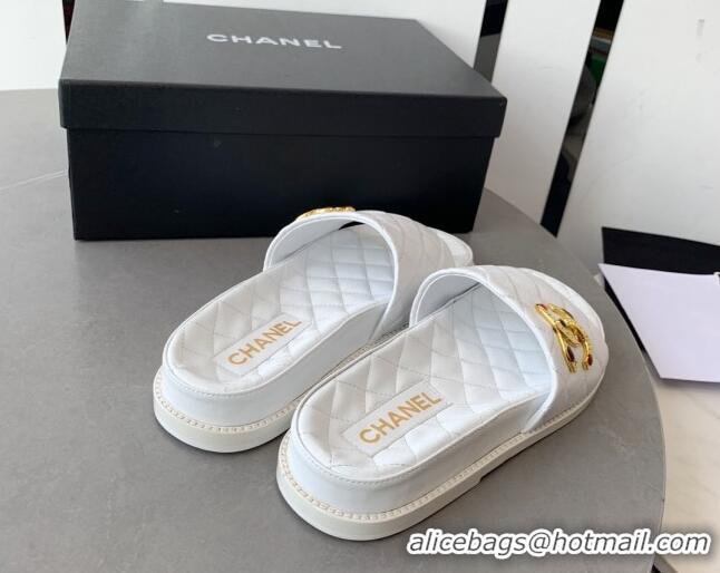 Luxury Chanel Quilted Leather Flat Slide Sandals with Stone CC White 022287