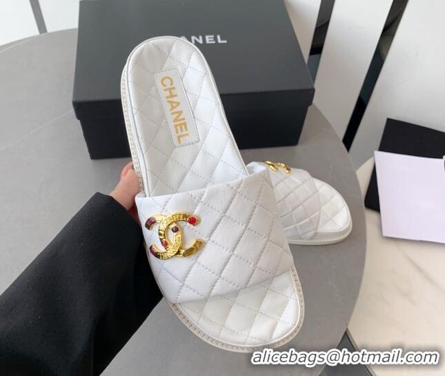 Luxury Chanel Quilted Leather Flat Slide Sandals with Stone CC White 022287