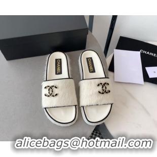 Shop Duplicate Chanel Horse Hair Flat Slide Sandals with Stone CC White 022288