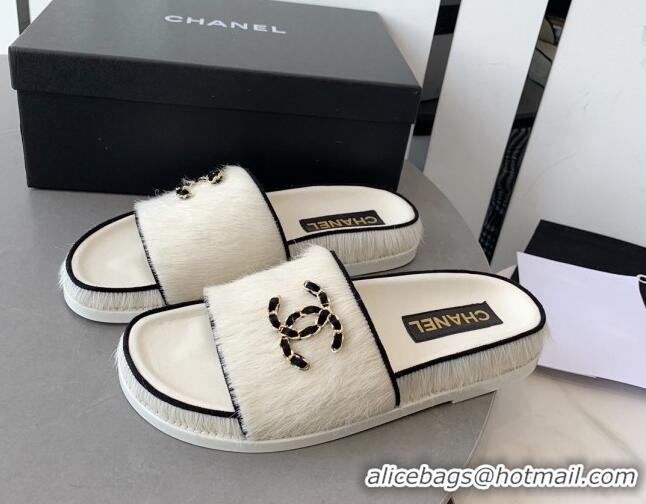 Shop Duplicate Chanel Horse Hair Flat Slide Sandals with Stone CC White 022288