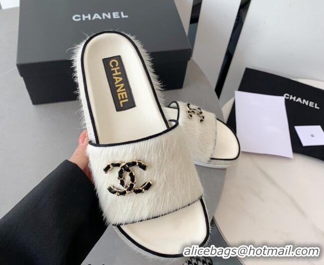 Shop Duplicate Chanel Horse Hair Flat Slide Sandals with Stone CC White 022288