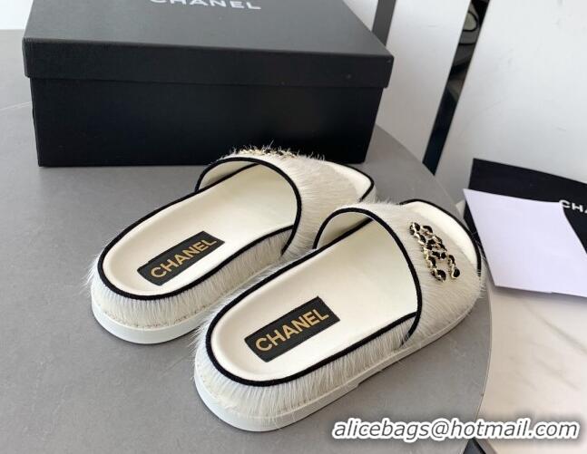 Shop Duplicate Chanel Horse Hair Flat Slide Sandals with Stone CC White 022288