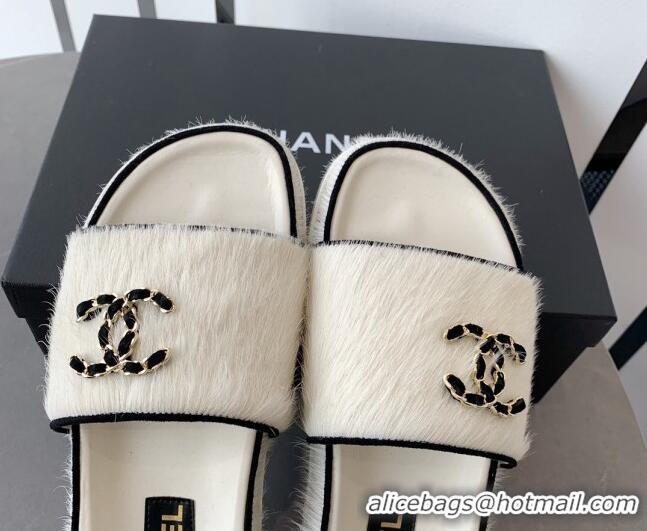 Shop Duplicate Chanel Horse Hair Flat Slide Sandals with Stone CC White 022288